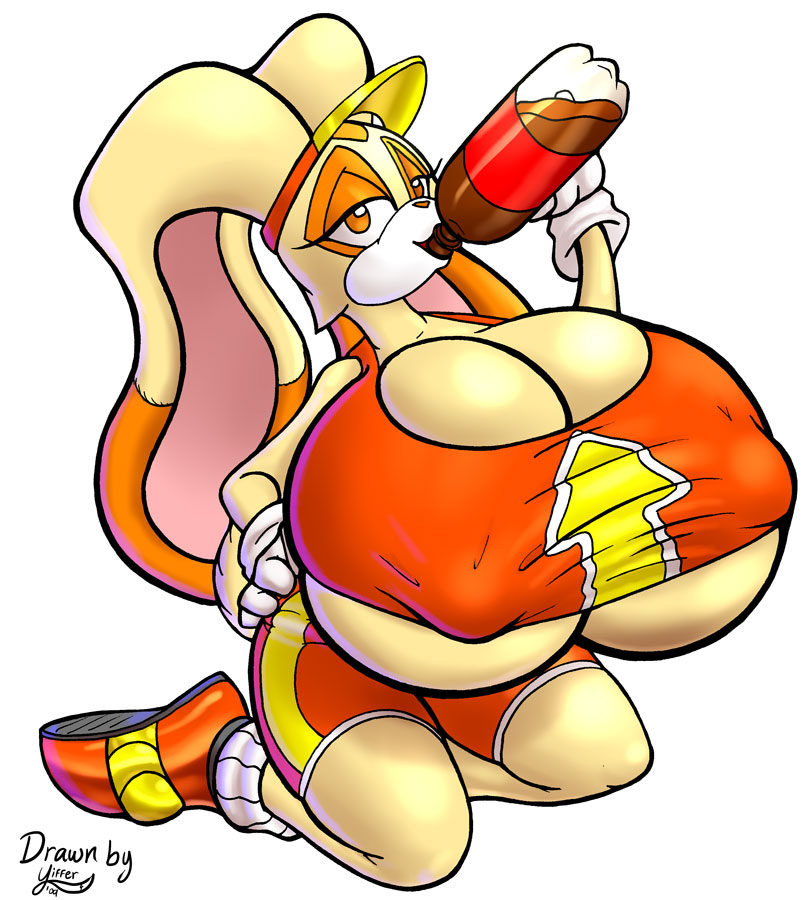badgerben big_breasts breasts brown_eyes clothed clothing cream_the_rabbit female gloves half-closed_eyes huge_breasts hyper hyper_breasts lagomorph mammal plain_background rabbit sega shoes soda solo sonic_(series) sonic_free_riders sonic_riders white_background yiffer