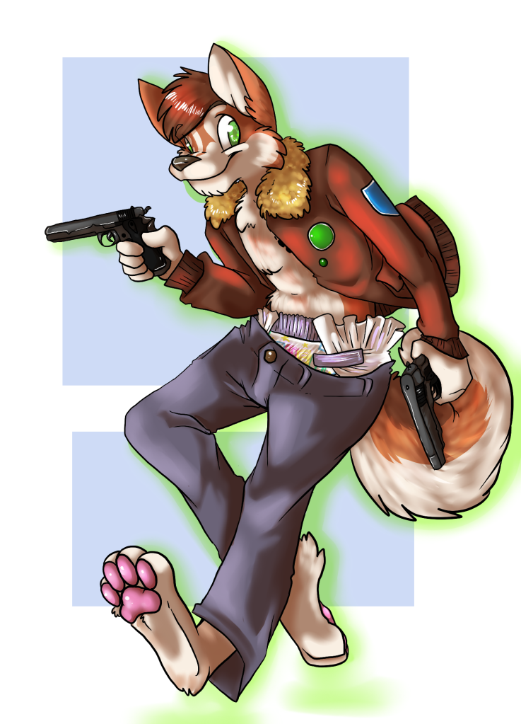 canine diaper fox green_eyes gun jacket kalida male paws smile solo tail weapon
