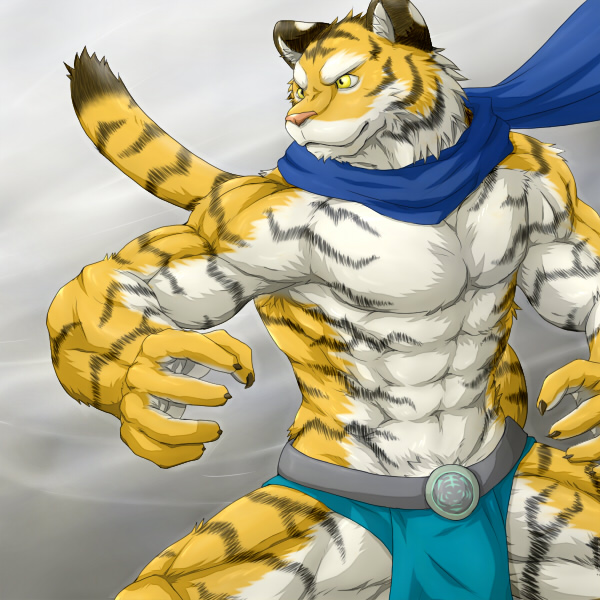 anthro belt biceps big_muscles clothing feline flexing fur loincloth male mammal muscles pecs pose scarf solo tiger wildheit yellow_eyes