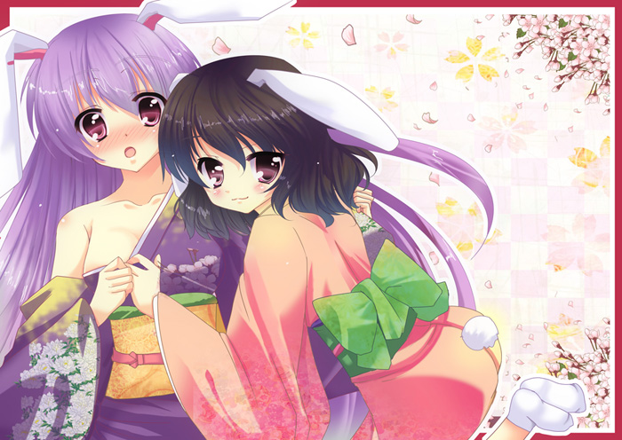 animal_ears bare_shoulders black_hair breasts brown_eyes brown_hair bunny_ears bunny_tail inaba_tewi japanese_clothes kimono long_hair medium_breasts multiple_girls natsumikan off_shoulder purple_eyes purple_hair red_eyes reisen_udongein_inaba short_hair tail touhou