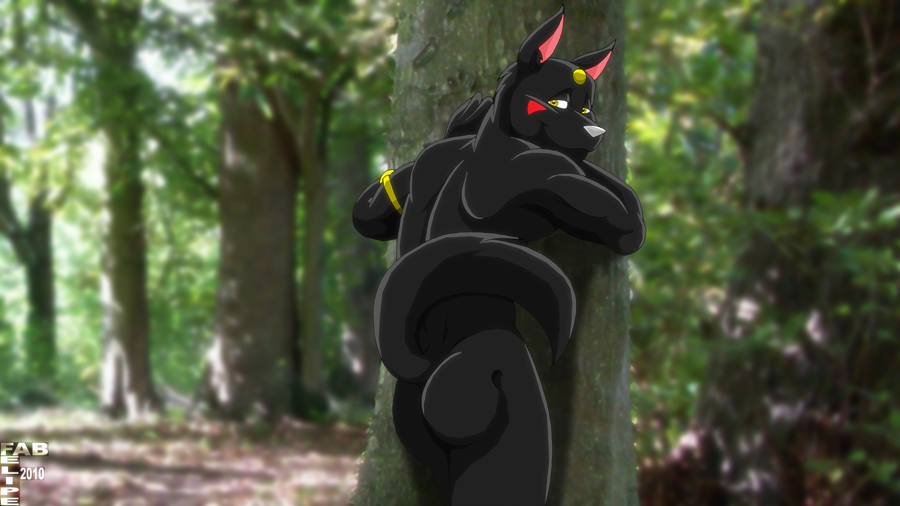 against_wall armband back back_turned biceps big_muscles black_fur butt canine fabfelipe forest fur looking_at_viewer looking_back male mammal muscles nude outside photo_background pose presenting raised_tail smile solo standing tree wolf yellow_eyes