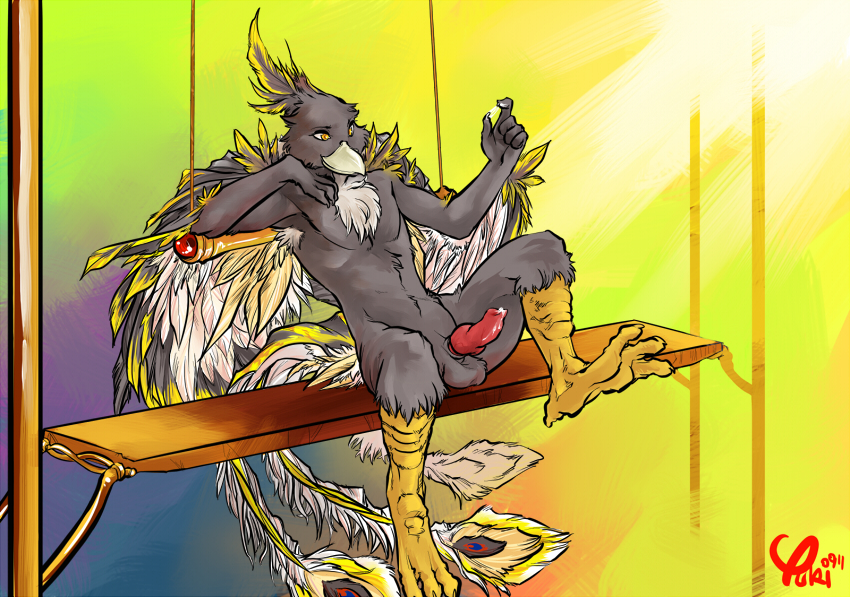 beak bird black claws cum feathers grey_feathers knot lean leaning male markings penis reclining sitting smile solo sun sunlight swing talons yellow yellow_eyes yellow_markings yuki-chi