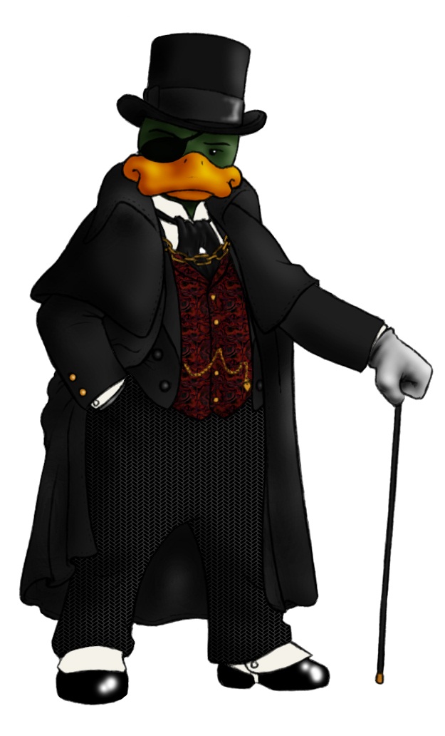 bird cane denike duck eye_patch eyewear gentleman male plain_background solo suit white_background