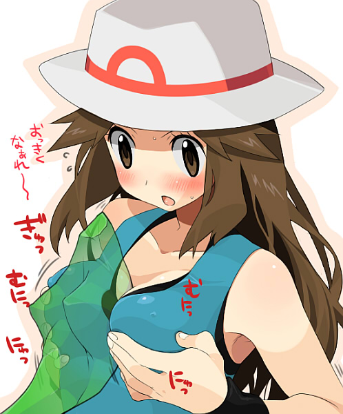 agemono bad_id bad_pixiv_id between_breasts blue_(pokemon) blush breast_smother breasts brown_eyes brown_hair cleavage covered_nipples gen_1_pokemon hat long_hair medium_breasts metapod open_mouth paizuri paizuri_over_clothes pokemon pokemon_(creature) pokemon_(game) pokemon_frlg porkpie_hat sexually_suggestive wristband