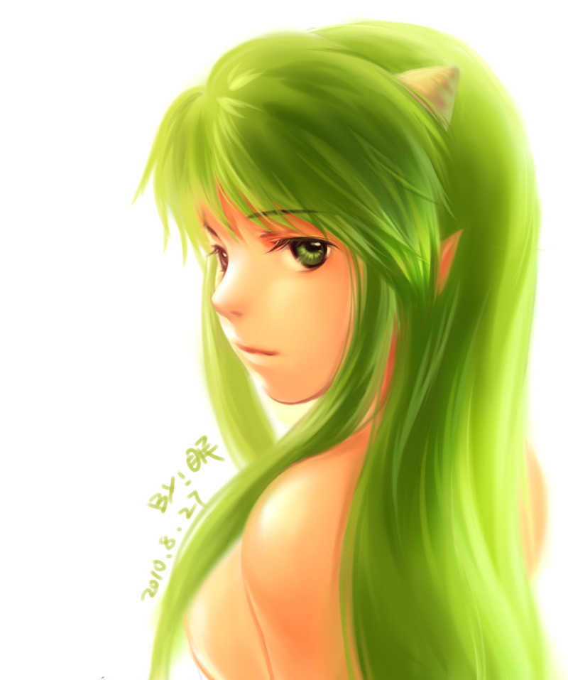 green_eyes green_hair horns long_hair looking_back lum portrait solo traki urusei_yatsura