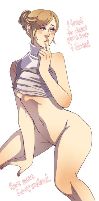 assassin's_creed blush bottomless breasts clothed clothing female half-dressed human lucy_stillman mammal not_furry plain_background solo undressing unknown_artist video_games white_background