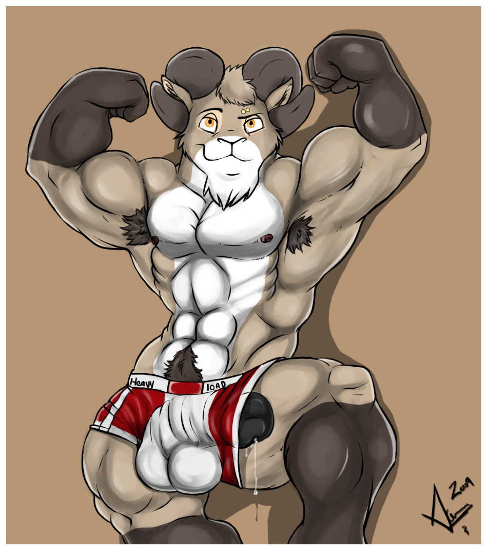 aaron aaron_(character) abs anthro balls biceps big_balls big_penis bighorn_sheep black_penis boxers bulge caprine cum erection flexing fur leaking looking_at_viewer male mammal muscles nipples nude pecs penis piercing pop_out pose precum sheep solo thick_penis topless underwear