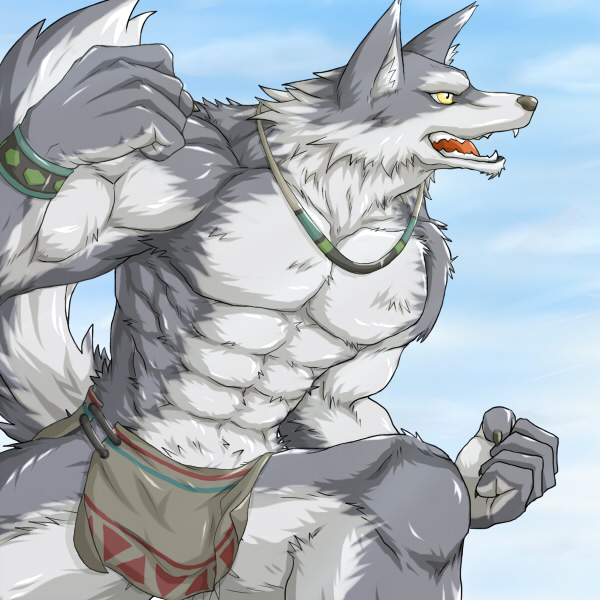 anthro biceps big_muscles bracelet canine clothing flexing fur jewelry loincloth male mammal muscles necklace pecs pose solo tail topless tribal underwear wildheit wolf yellow_eyes