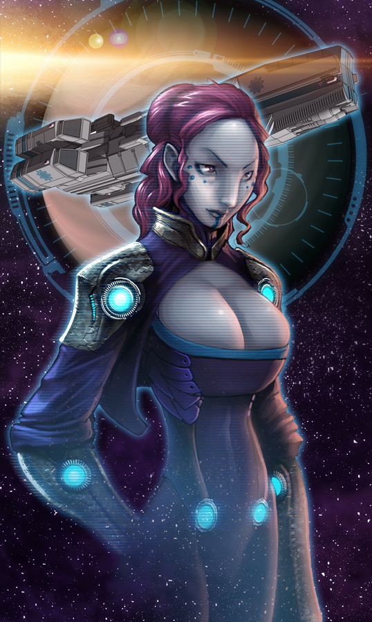 big_breasts breasts cleavage clothed clothing female hair hologram human mammal pink_hair pointy_ears solo space spacecraft stars sunamori tattoo
