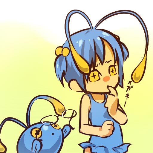 1girl antennae blue_hair chinchou eyewear_removed finger_to_mouth gen_2_pokemon glasses hair_bobbles hair_ornament hitec holding holding_eyewear moemon one-piece_swimsuit personification pokemon pokemon_(creature) short_twintails swimsuit translated twintails yellow_eyes