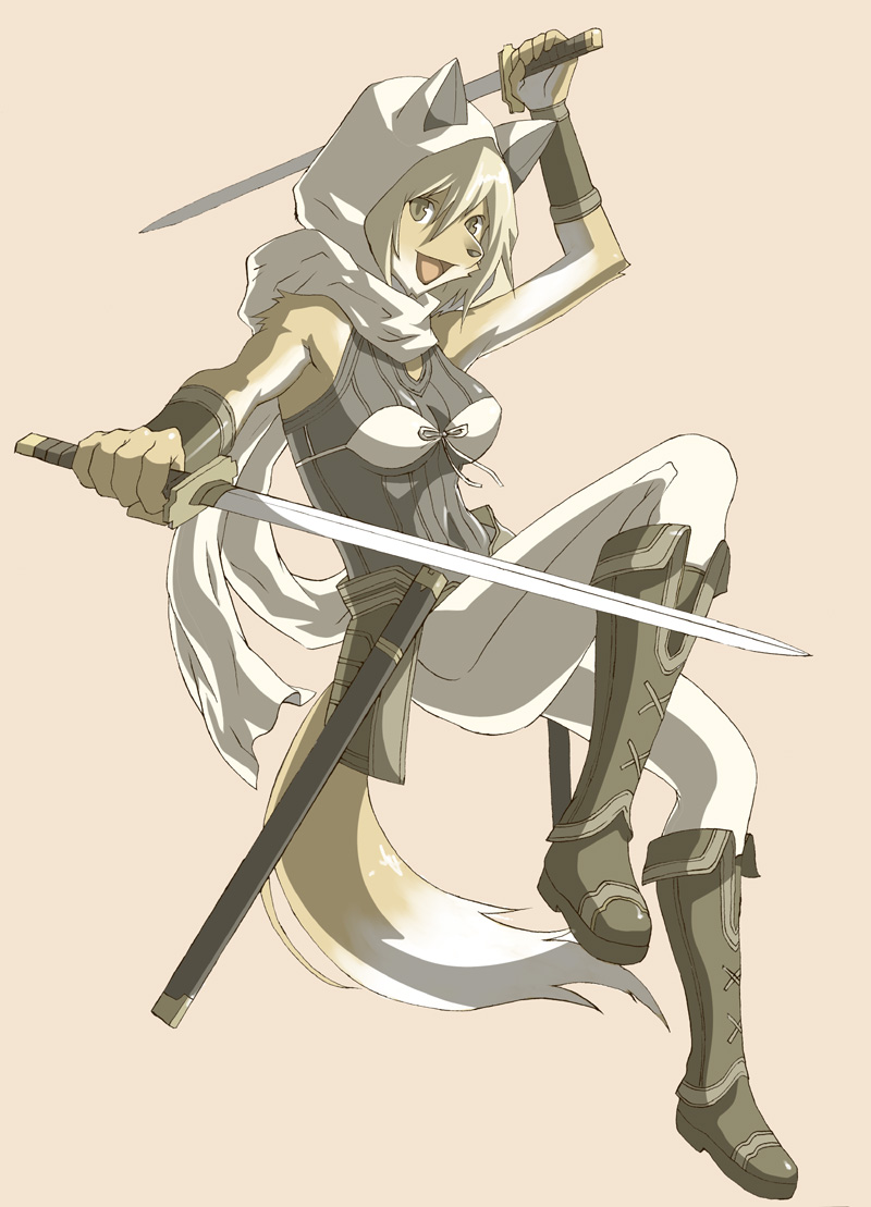 action boots breasts canine female fox smile solo sword tail weapon