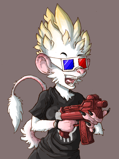 3d_glasses female glasses gun hybrid mellis open_mouth possum quench shirt skossum skunk solo spiky_hair tail tail_tuft video_games water_gun weapon white zombies_ate_my_neighbors