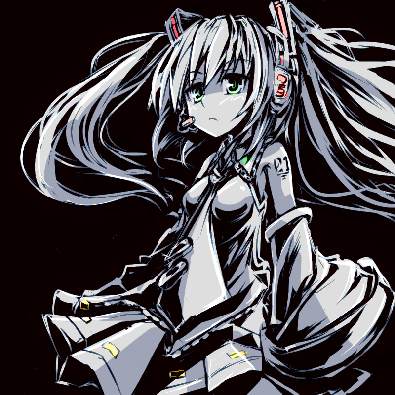 detached_sleeves green_eyes hatsune_miku headset long_hair monochrome necktie simple_background skirt solo spot_color tom_(drpow) twintails vocaloid