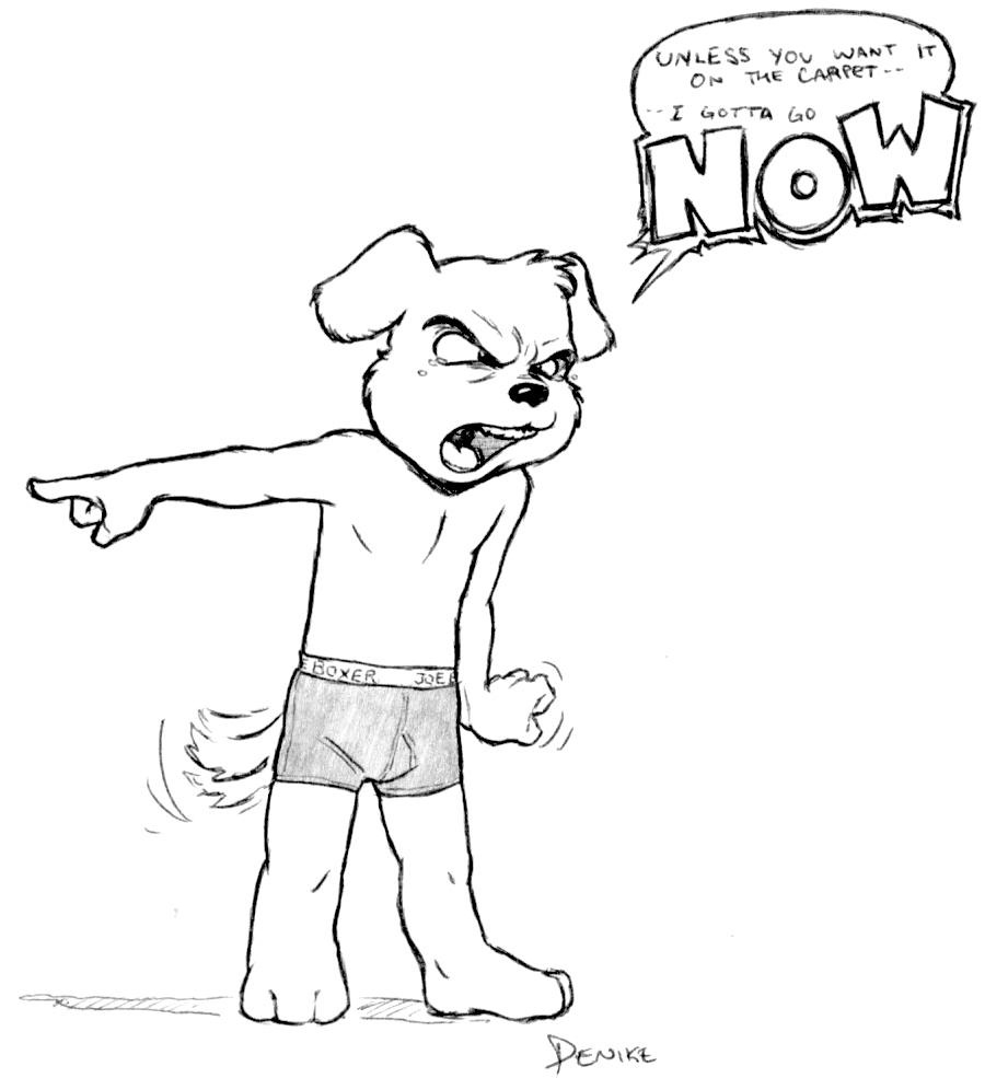 boxers canine denike dialog dog english_text funny humor line_art male mammal monochrome solo tears text underwear young
