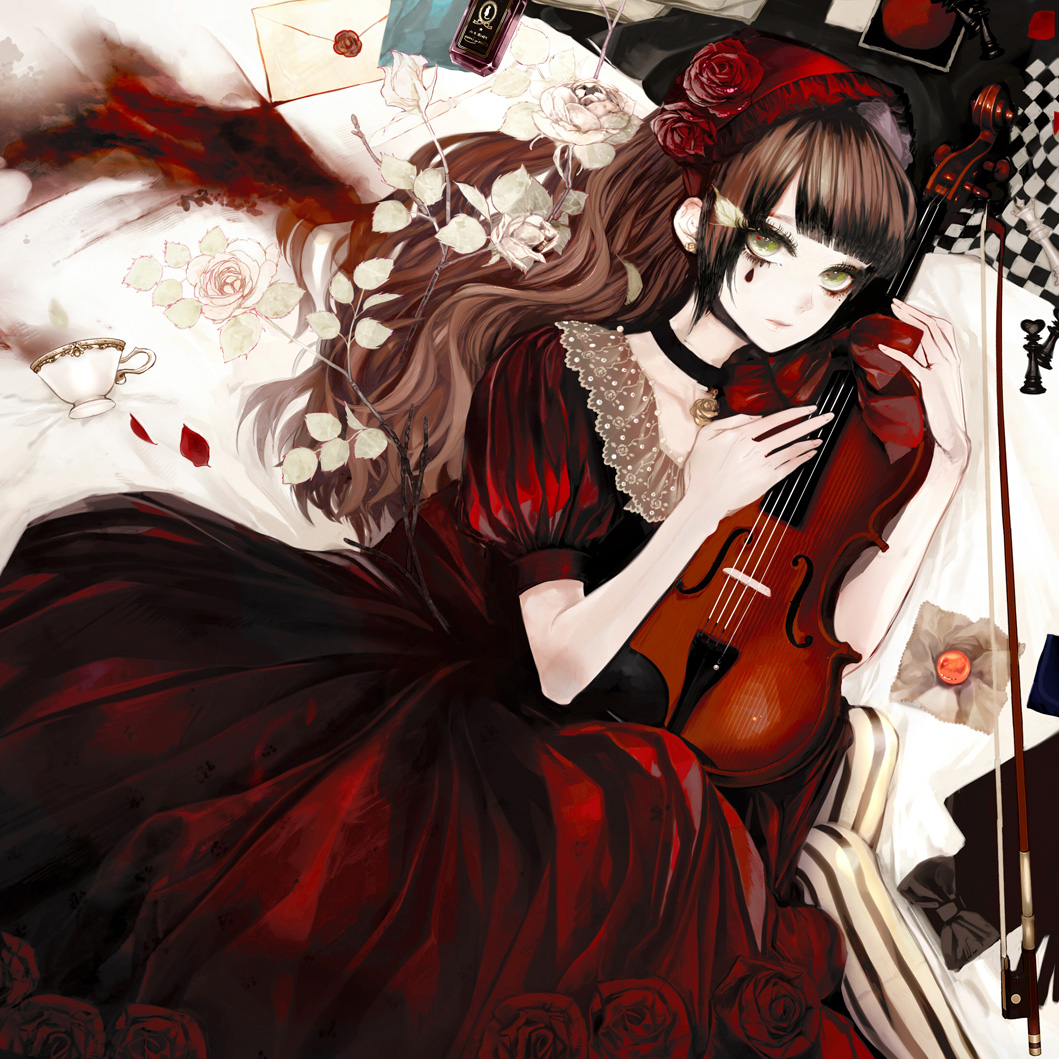 bad_id bad_pixiv_id bow bow_(instrument) brown_hair chess_piece choker cup dress earrings envelope flower gothic green_eyes headdress instrument jewelry long_hair original red_flower red_rose rose shikishima_(eiri) solo striped teacup teardrop violin white_flower white_rose