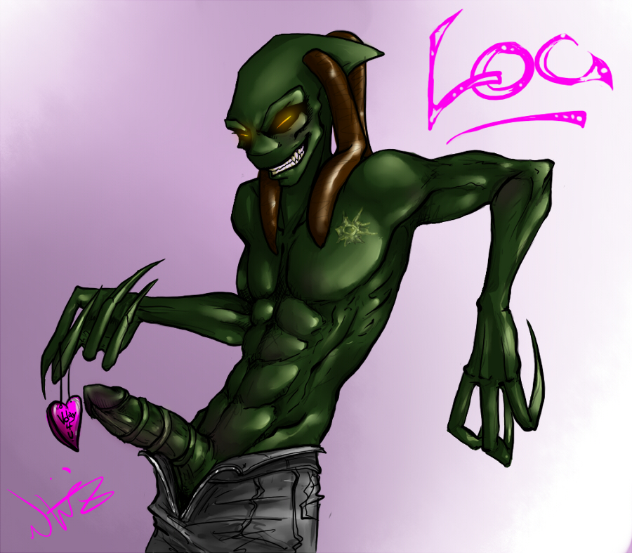 &hearts; antennae claws glowing_eyes green grin hybrid invader_zim irken kuro-musouka loc long_claws muscles orange_eyes penis sharp_teeth six_pac six_pack solo valentines_day xeno