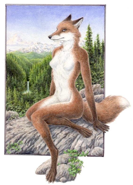 breasts brian_edwards canine female forest fox looking_at_viewer mammal nude outside rock solo tree water waterfall wood