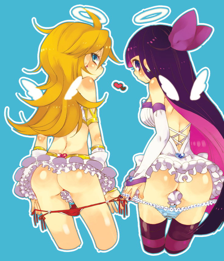 ass bad_id bad_pixiv_id blonde_hair blue_background blue_eyes bow cropped_legs from_behind hair_bow halo heart mitsubachi_koucha multicolored_hair multiple_girls panties panty_&amp;_stocking_with_garterbelt panty_(psg) panty_pull stocking_(psg) striped striped_legwear thighhighs two-tone_hair underwear wings