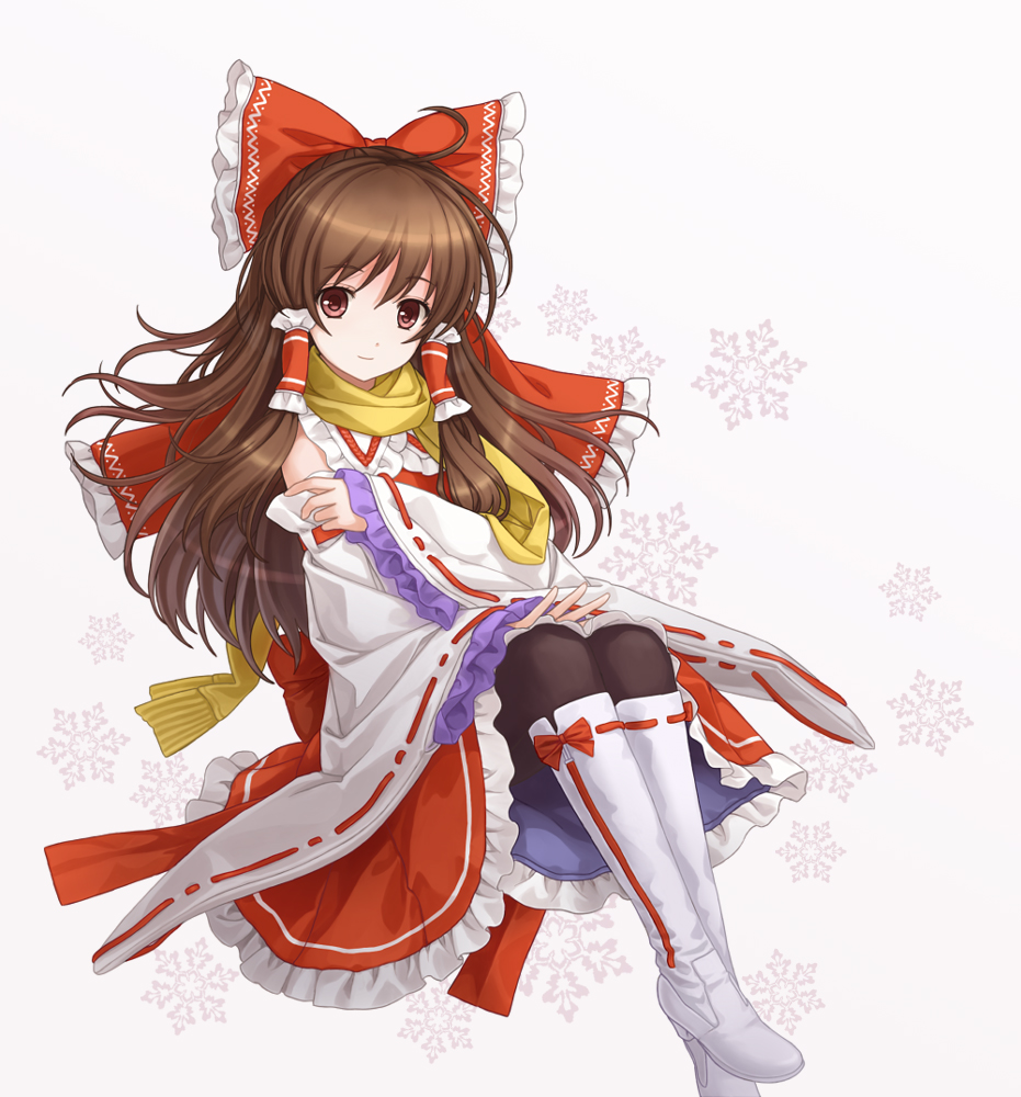 ahoge boots bow brown_eyes brown_hair detached_sleeves embellished_costume frills hair_bow hakurei_reimu knee_boots long_hair pantyhose red_eyes scarf simple_background smile snowflakes solo touhou tucana white_background