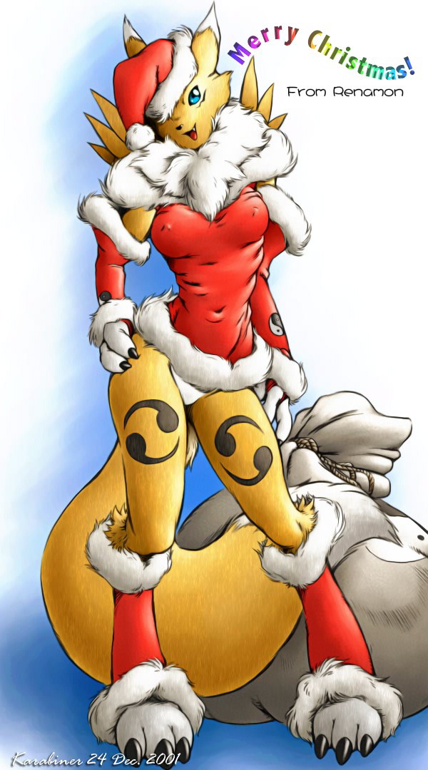blue_eyes canine chest_tuft christmas claws clothed clothing digimon digitigrade dress elbow_gloves facial_markings female fox fur gloves hat holidays karabiner mammal markings open_mouth panties renamon santa_hat short_dress skimpy smile solo standing tuft underwear white_fur xmas yellow_fur