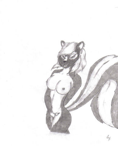 breasts butt countershading female hair looking_at_viewer nipples nude piercing pussy raised_tail skunk solo tail unknown_artist vaginal