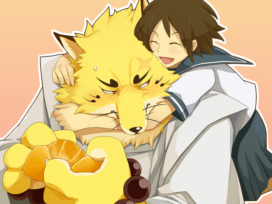 brown_eyes brown_hair canine claws clothing duo eyes_closed fantasy female fox fur gingitsune gintaro gintarou hair hug human male mammal open_mouth sailor_fuku size_difference whiskers yellow_fur yow