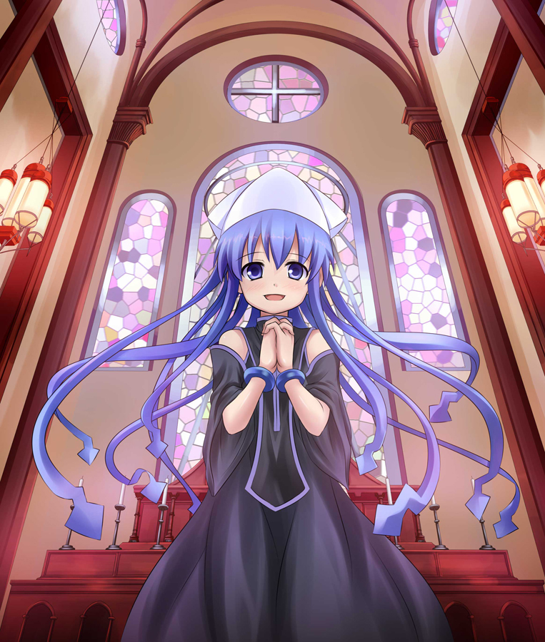 altar alternate_costume blue_eyes blue_hair bracelet church hands_clasped hat hiruberutefect ikamusume jewelry long_hair nun own_hands_together shinryaku!_ikamusume solo stained_glass