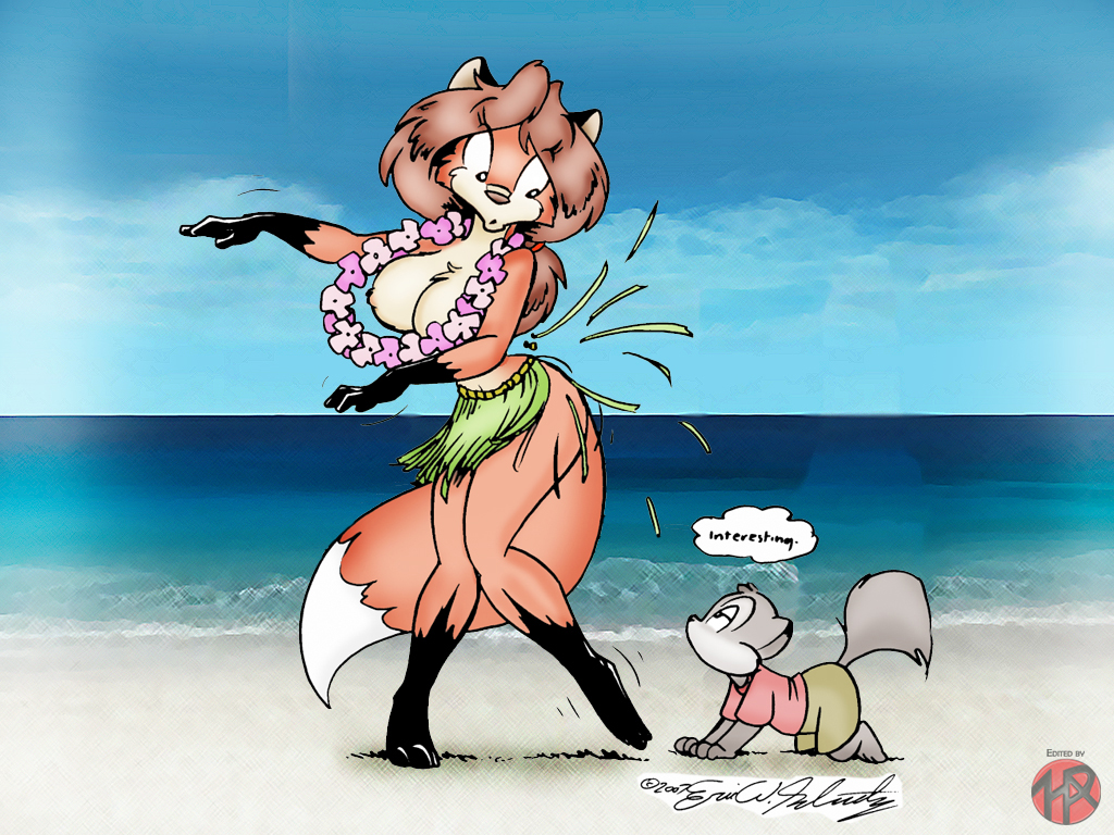 anthro beach breasts canine child collaboration cub dancing duo eric_schwartz female fox grass_skirt hawaii hula lei male mammal nude ocean sand sea seaside sheila_vixen timmy topless unknown_artist wardrobe_malfunction water young