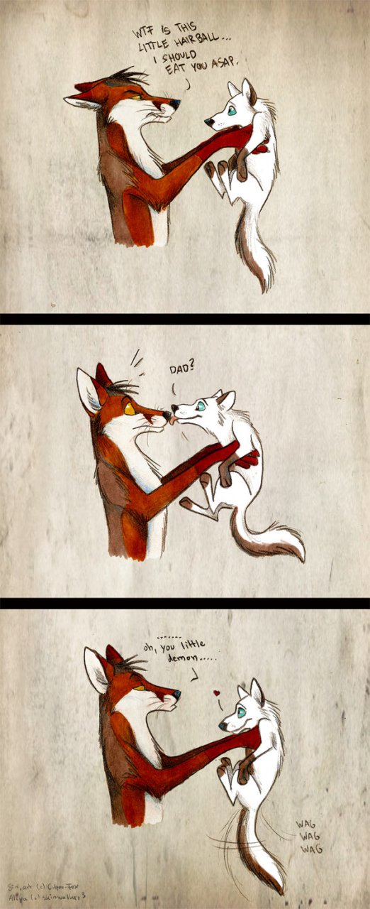 &hearts; &lt;3 abstract_background adorable aleya blank_background bushy_tail canine caption color comic companion couple cub culpeofox cute demon dialog dialogue feral fluffy_tail fox fucking_adorable funny humor humour licking mammal sin_(character) tail tailwag text texture_background tongue wag whiskers young
