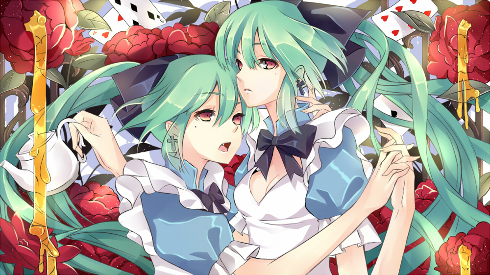 bad_id bad_pixiv_id bow bowtie card dual_persona earrings fang floating_card flower green_hair hair_ribbon hatsune_miku holding_hands jewelry long_hair multiple_girls open_mouth red_eyes ribbon teapot vocaloid yuna_(rutera)