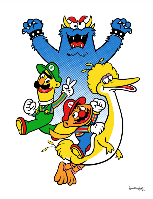 bert big_bird bowser cookie_monster cosplay ernie king koopa luigi mario mario_bros nintendo parody plain_background royalty scalie sesame_street unknown_artist unkown_artist video_games what white_background yoshi