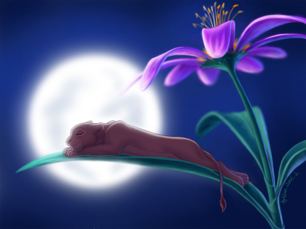2005 a disney eyes_closed feline female feral flower hyhlion lion lioness moon night sleeping tail the_lion_king