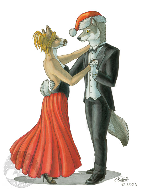 canine cervine classy couple dancing deer dress female hat hooves katie_hofgard male santa_hat tail wolf