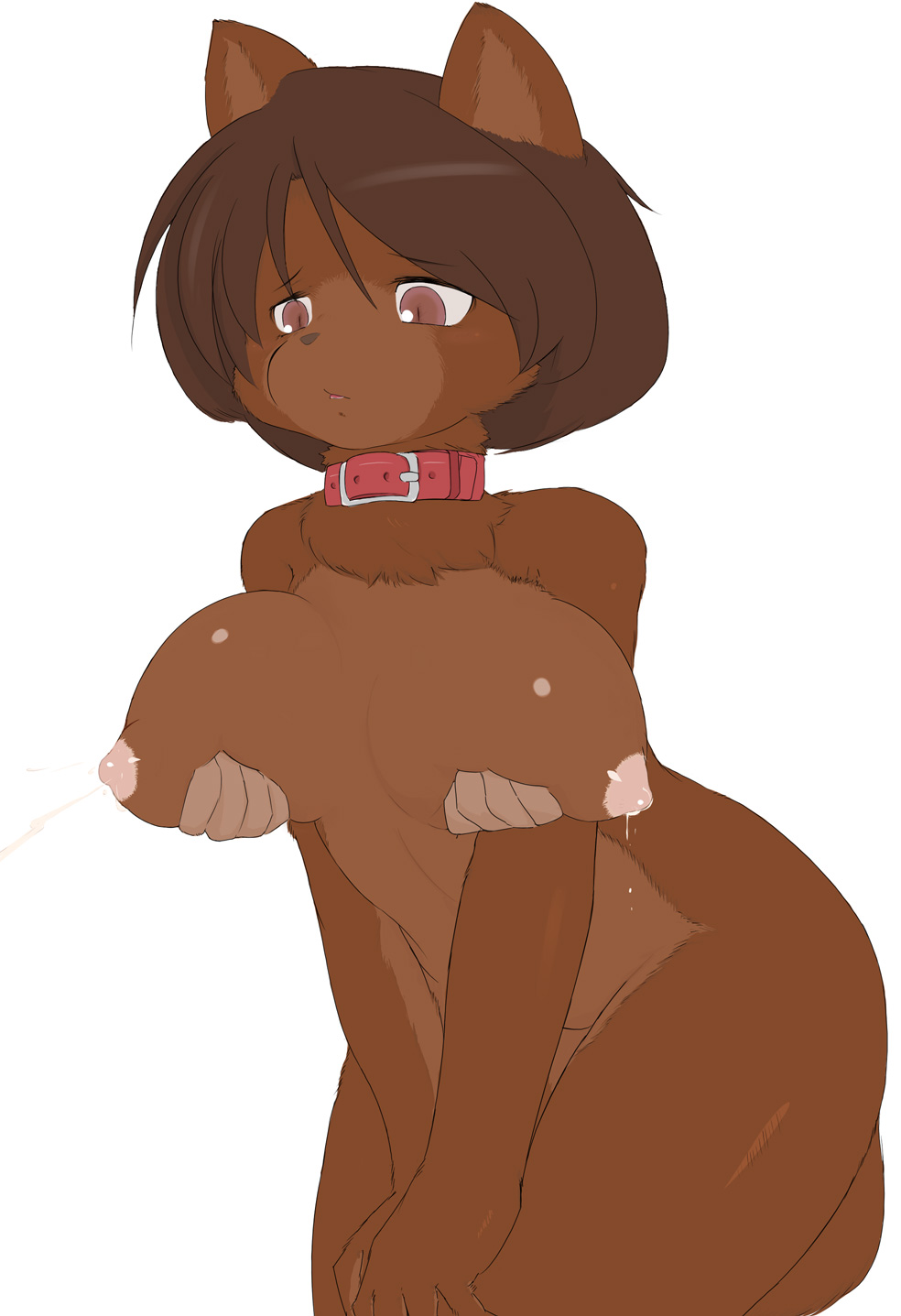 big_breasts breasts brown_hair c1a0 canine collar dog female grope hair hands kneeling lactating male mammal milk nipples plain_background solo straight white_background