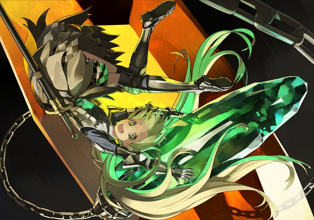 Armor blue hair chain gibuchoko gloves green eyes green hair hat