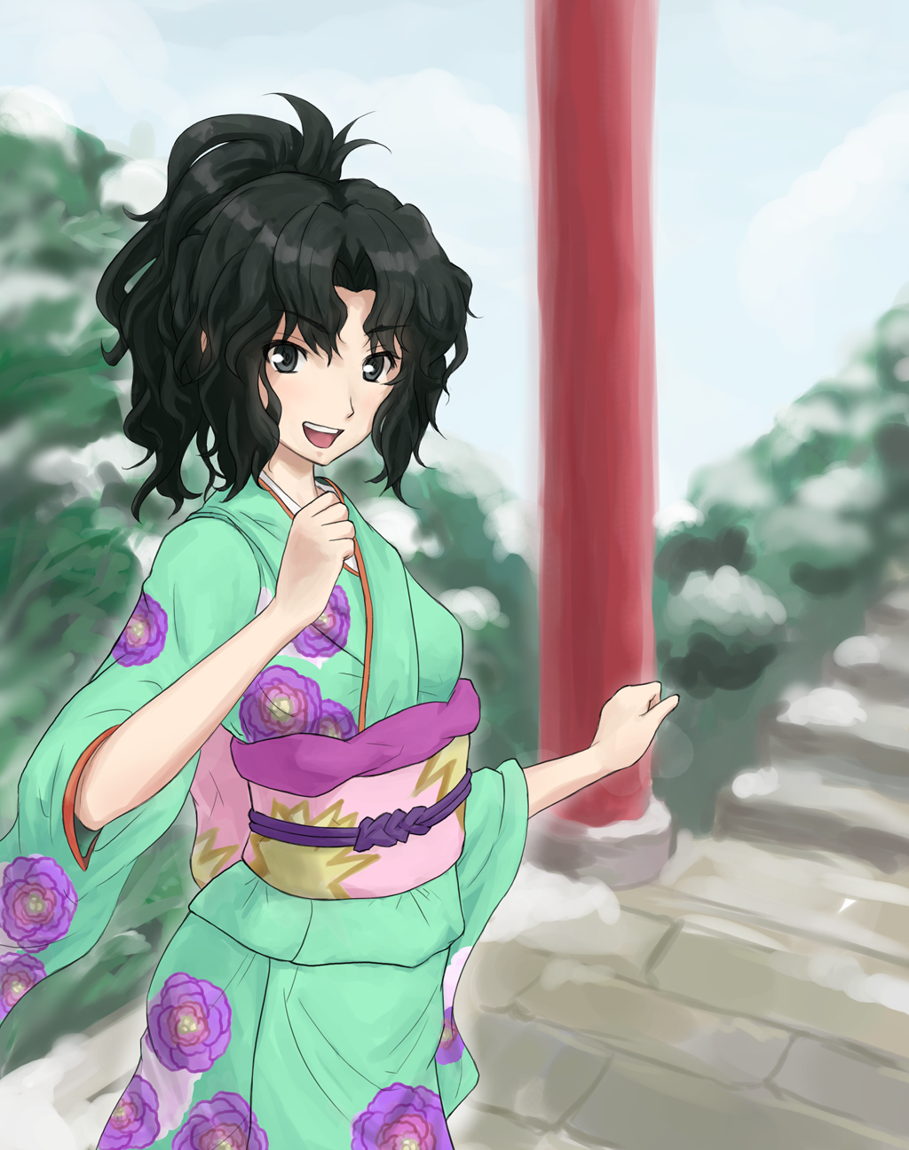 alternate_hairstyle amagami black_eyes black_hair highres japanese_clothes kimono lou_(battle32) obi open_mouth ponytail sash solo tanamachi_kaoru torii