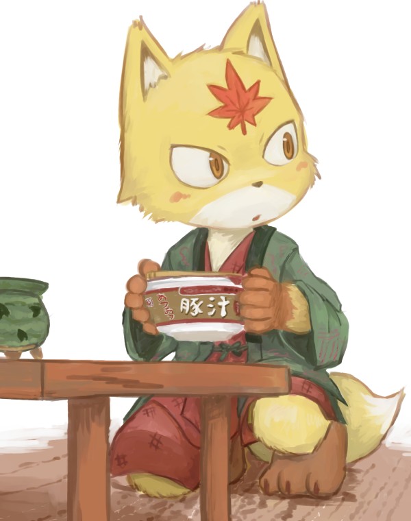 amber_eyes amearare anthro canine clothing food fox fur japanese_clothing japanese_text kneeling male mammal plain_background solo table tail text white_background yellow_fur
