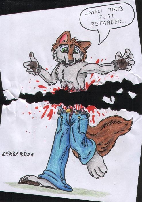 blood canine dismemberment green_eyes guro male mixed_media pants paper solo tirrel topless