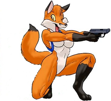 anthroid breasts canine countershading female fox holding_gun ken_singshow mammal mugimgs nude one_eye_closed plain_background solo tsuneko white_background wink