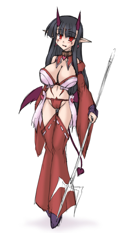 artist_request black_hair breasts collar corruption crooked_navel demon_girl horns large_breasts pointed_ears pointy_ears polearm red_eyes smirk source_request spear succubus tail transformation trident weapon wings