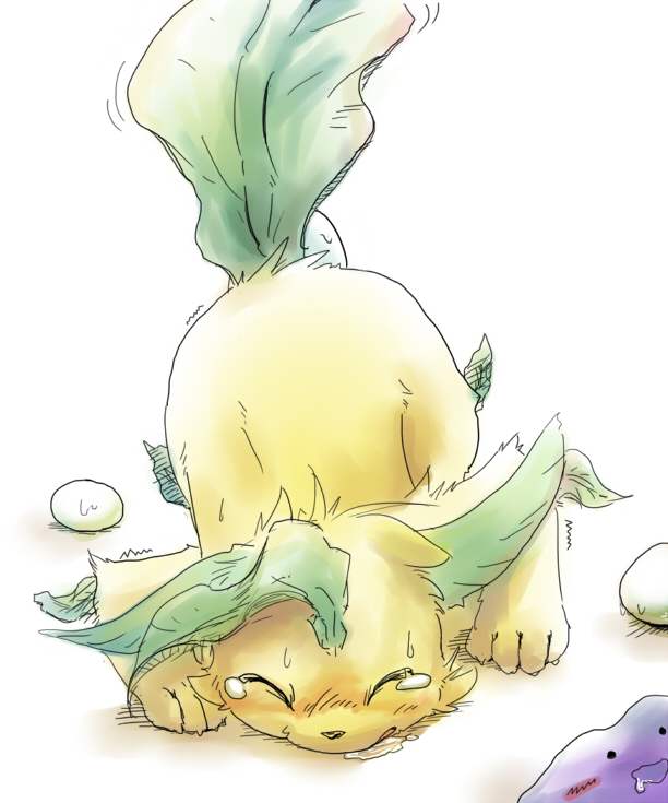 blush ditto drool drooling ears_down eeveelution egg eyes_closed leaf_tail leafeon nintendo oviposition ovulation plain_background pok&#233;mon pok&eacute;mon saliva solo sweat tail tatsumaru tears video_games white_background