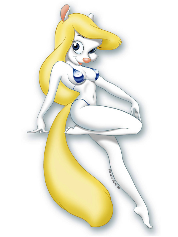 anthro bikini blonde_hair breasts clothed clothing female hair looking_at_viewer mammal minerva_mink mink mustelid picazzo pinup plain_background pose skimpy solo swimsuit tail white_background