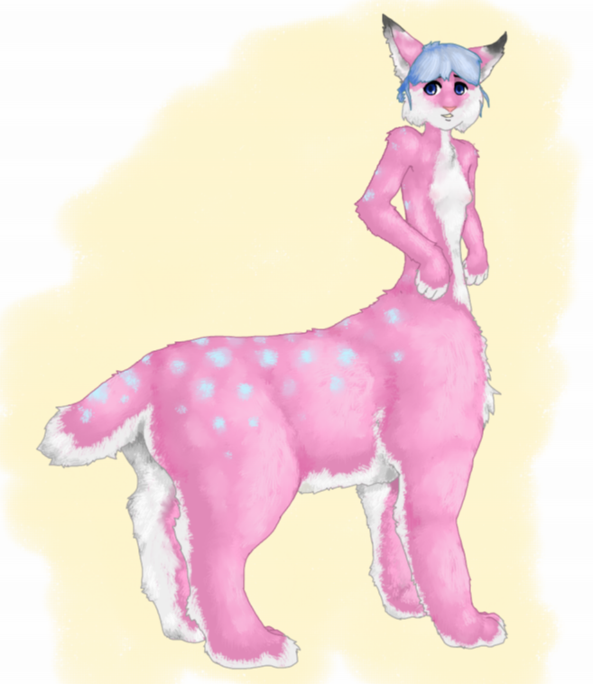 blue_eyes blue_hair breasts feline female fur hair looking_at_viewer lynx mammal pink pink_fur plain_background small_breasts solo spots standing taur unknown_artist white white_background white_fur