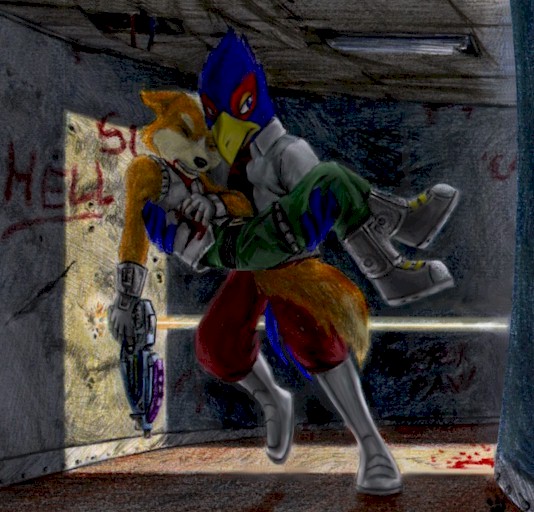 assault avian bird blood blue_eyes canine carrying clothed couple eyes_closed falco_lombardi falcon fox fox_mccloud male miya_yoshi running star_fox tails teeth video_games weapon wounded