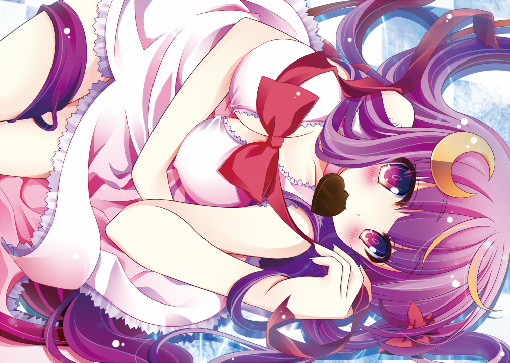 adapted_costume bad_id bad_pixiv_id bare_shoulders blush bow bowtie breasts chocolate cleavage crescent crescent_hair_ornament dress hair_ornament kabe_(ryuryuta) large_breasts long_hair looking_at_viewer lying mouth_hold no_bra no_hat no_headwear on_side patchouli_knowledge purple_eyes purple_hair solo thigh_strap touhou