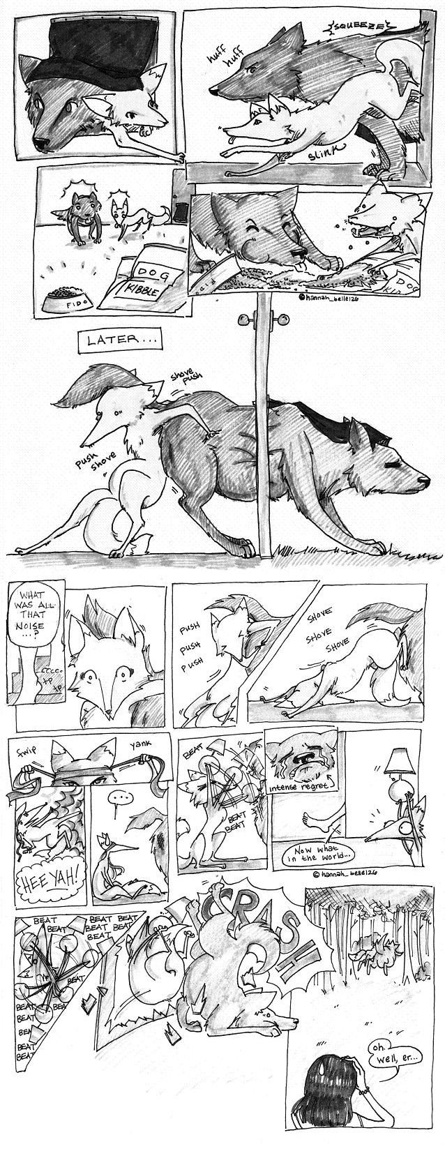 comic feral fox greyscale humor humour mammal monochrome stuck unknown_artist wolf