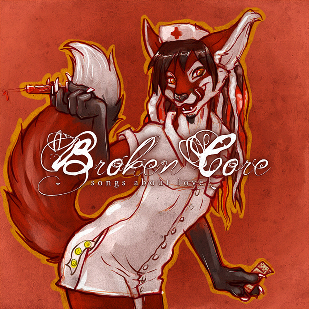 album_cover bandage black_hair bottomless canine caption colored cover crossdressing dreadlocks facial_hair fox goatee hair happy_face licking_lips male nurse psurg renard solo stickers sticking_plaster syringe tail
