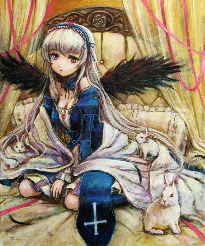 animal bed blanket blush bow breasts brown_rose bunny cleavage dress feathers flower frills hairband long_hair md5_mismatch medium_breasts pillow pink_eyes red_flower red_rose ribbon rose rozen_maiden sitting solo suigintou tafuto traditional_media wariza white_hair wings