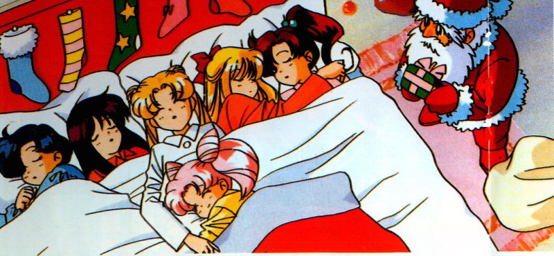 aino_minako bishoujo_senshi_sailor_moon blanket chibi_usa gift hino_rei hug kino_makoto lying mizuno_ami official_art pajamas present santa santa_costume sleeping tsukino_usagi