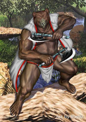 bomb_(artist) fighting_stance looking_at_viewer male mammal solo warrior warrior_pose weapon
